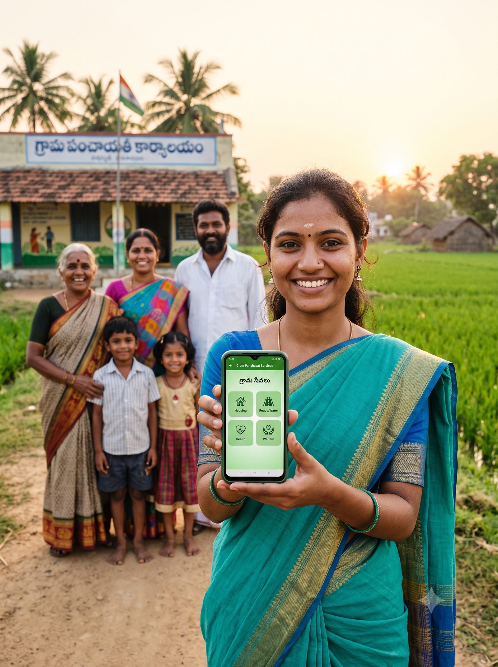 Volunteer showing the app to a village family